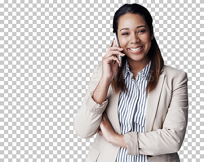 Buy stock photo Business woman, phone call and smile, communication for contract or deal with consultant on png transparent background. Corporate contact, networking and b2b at consultancy agency with portrait
