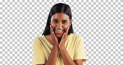 Buy stock photo Excited, happy woman or portrait with wow, surprise and smile for winning isolated on png background. Transparent, sales offer or female Indian person with motivation, announcement and achievement