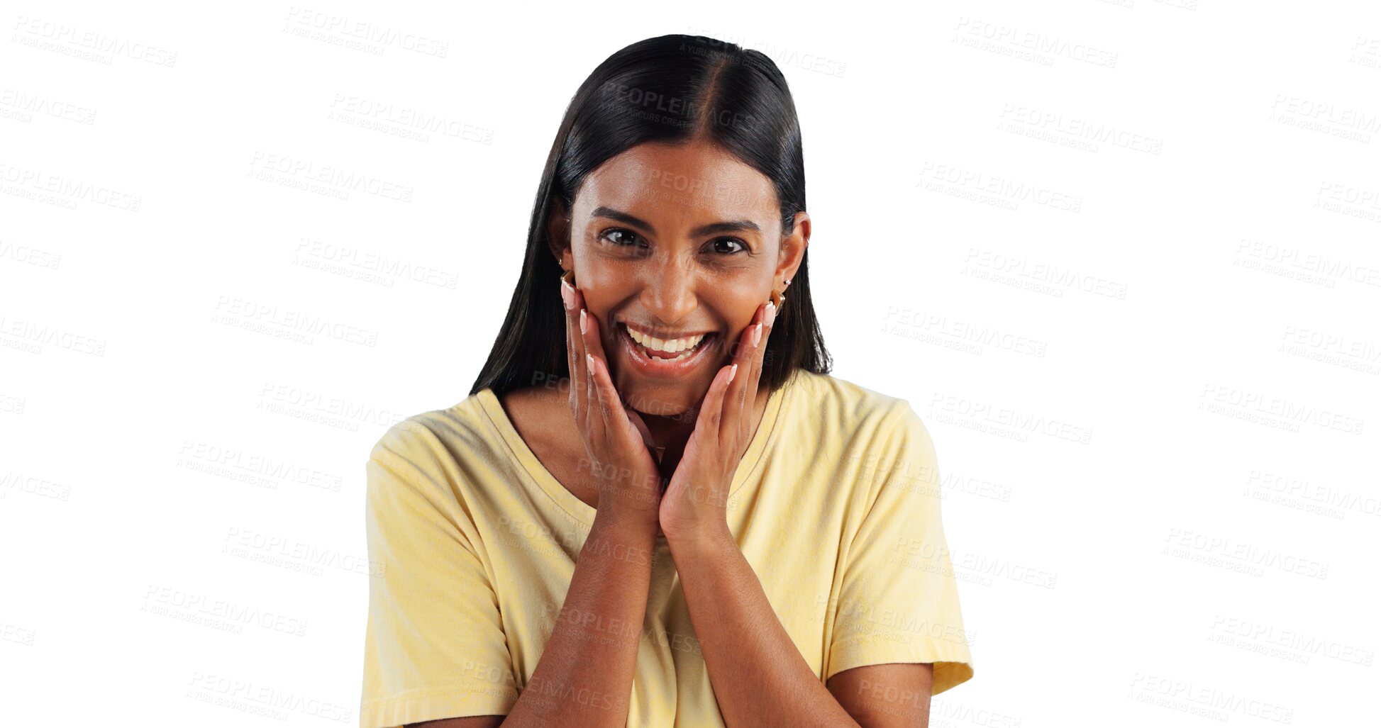 Buy stock photo Excited, happy woman or portrait with wow, surprise and smile for winning isolated on png background. Transparent, sales offer or female Indian person with motivation, announcement and achievement
