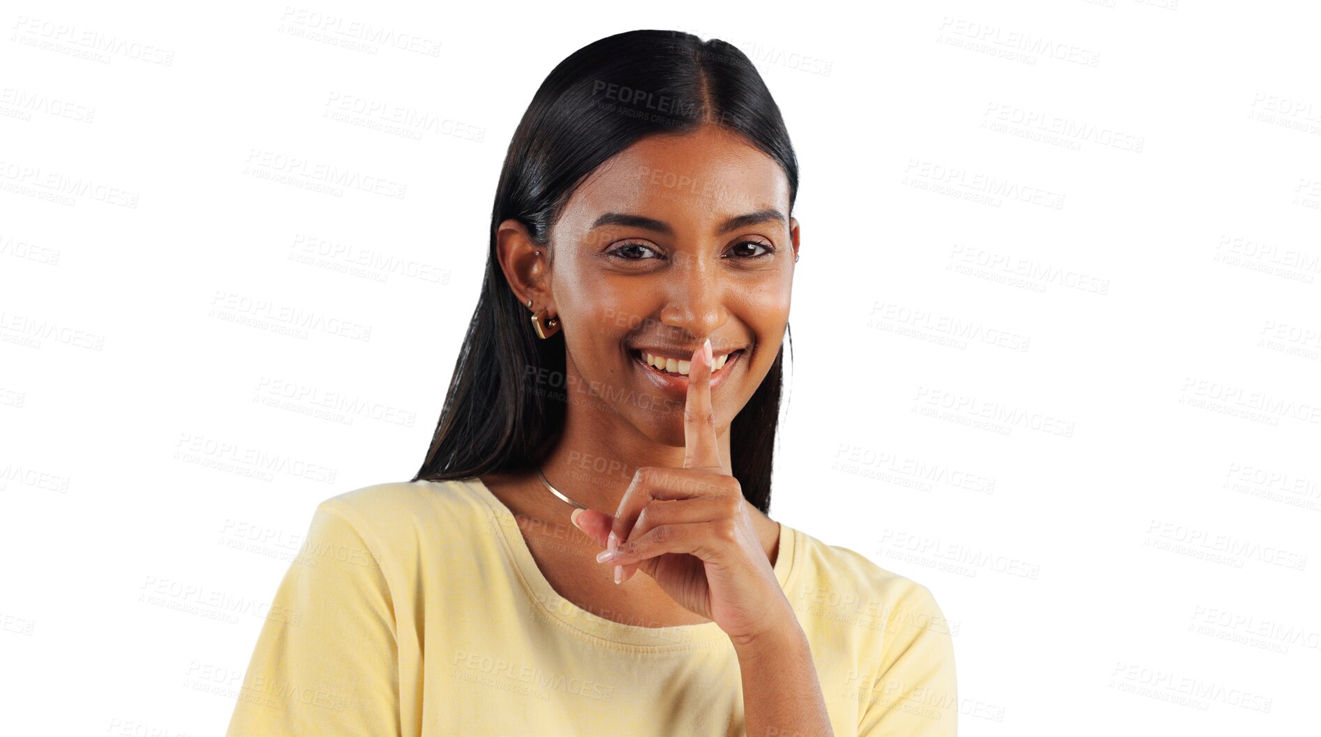 Buy stock photo Secret, woman and portrait with hand on lips to whisper in transparent, isolated or png background. Happy, girl and person gesture to shush for privacy of drama, news and emoji for gossip story