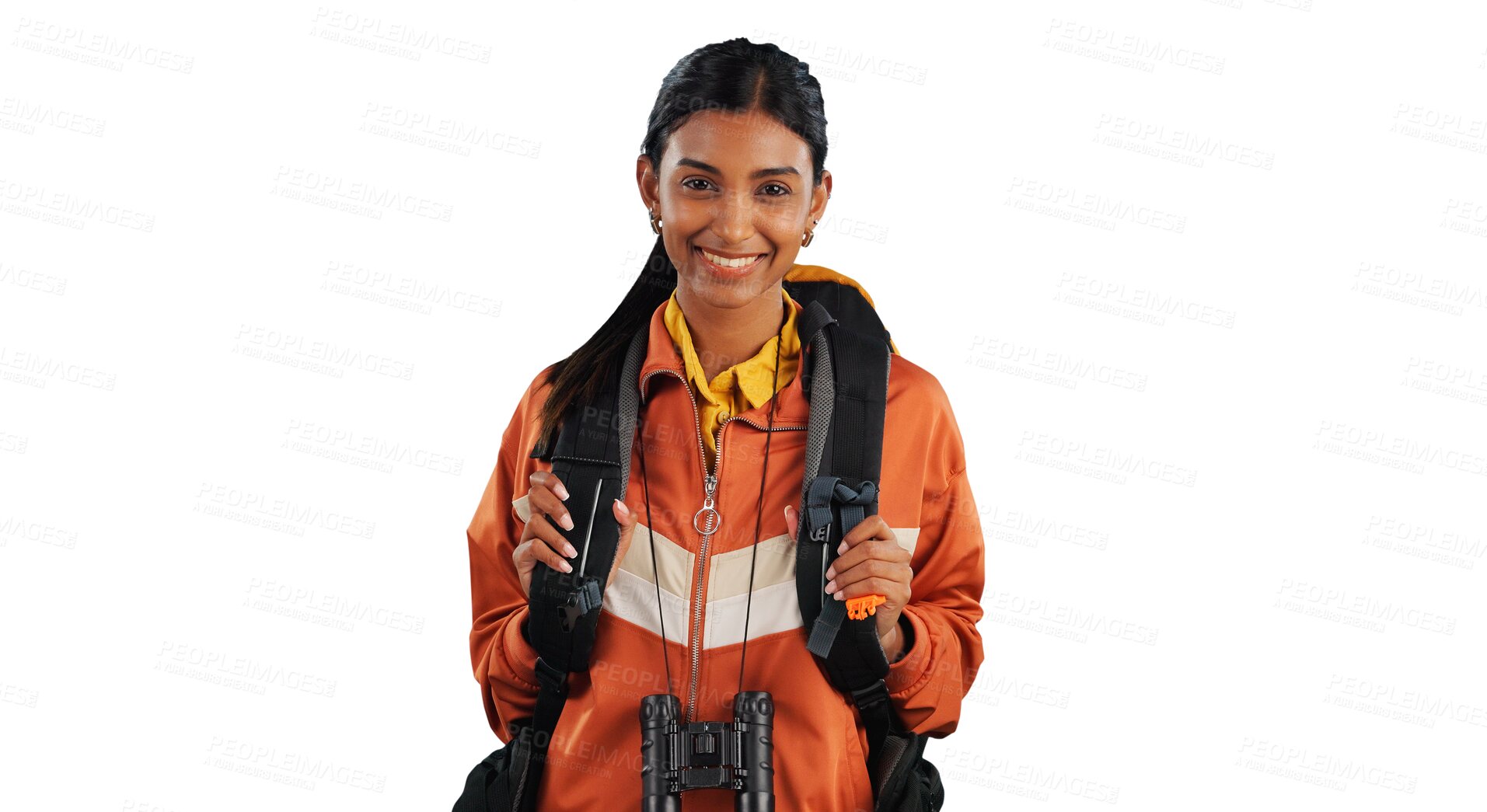 Buy stock photo Travel, backpack and portrait of happy woman hiking on isolated, transparent or png background. Fitness, backpacking and face of Indian person on trekking adventure, vacation or exploring holiday