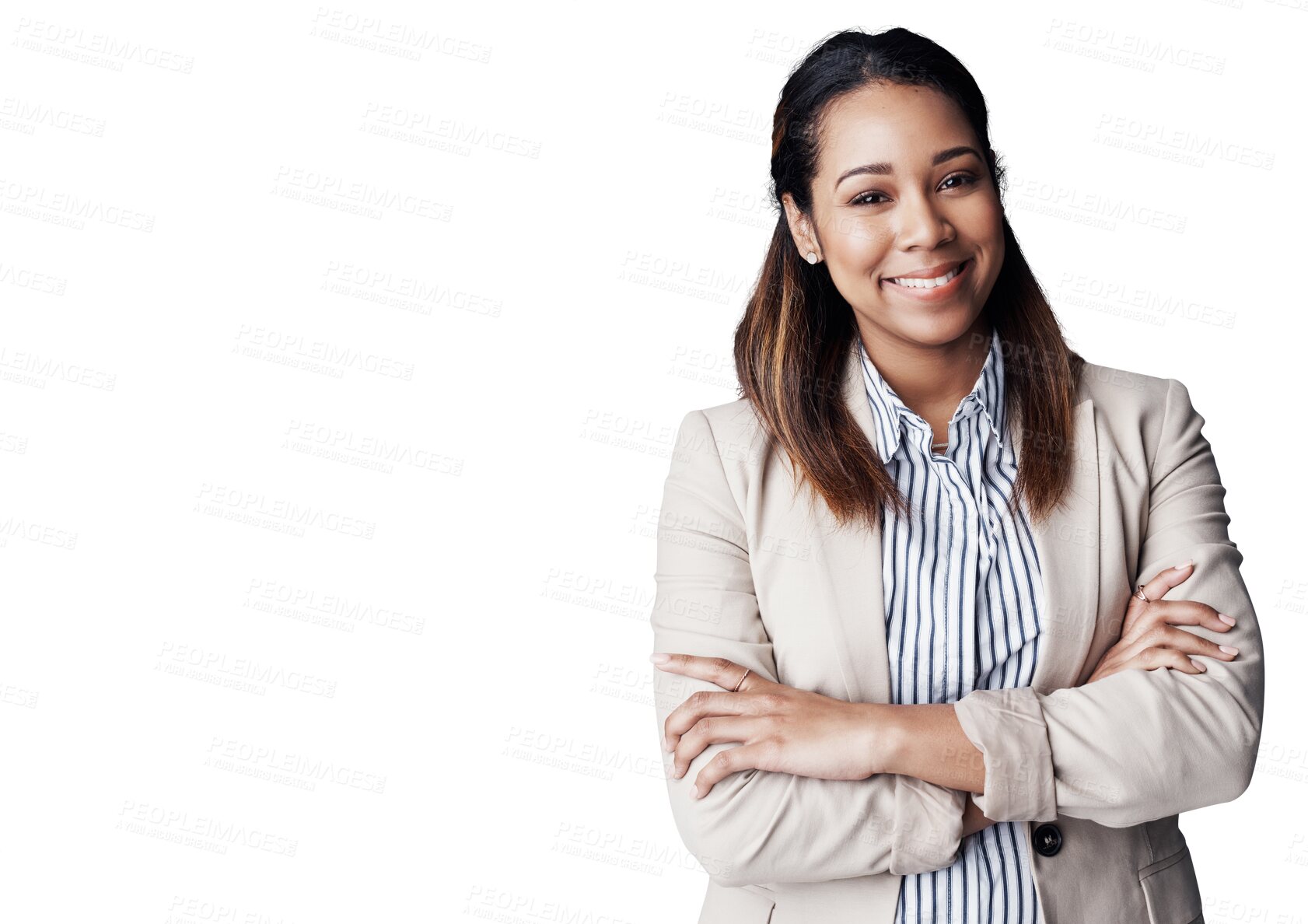 Buy stock photo Professional, agent and portrait of woman with arms crossed in isolated, transparent or png background. Real estate, consultant and entrepreneur with confidence, pride and realtor with happiness 