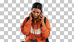Hiking, cellphone call problem and woman stress over trekking mistake, tour disaster or travel crisis. Listen, smartphone conversation and studio camper with bad network connection on blue background