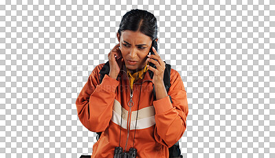 Buy stock photo Woman, hiking and phone call or confused conversation or camping directions or vacation, trekking or mistake. Female person, cellphone and isolated transparent png background, reception or connection
