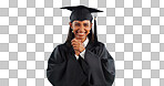 Graduation, education success and woman in portrait for achievement in learning on blue background. Mockup space, celebration and university graduate, certified with pride and knowledge in studio