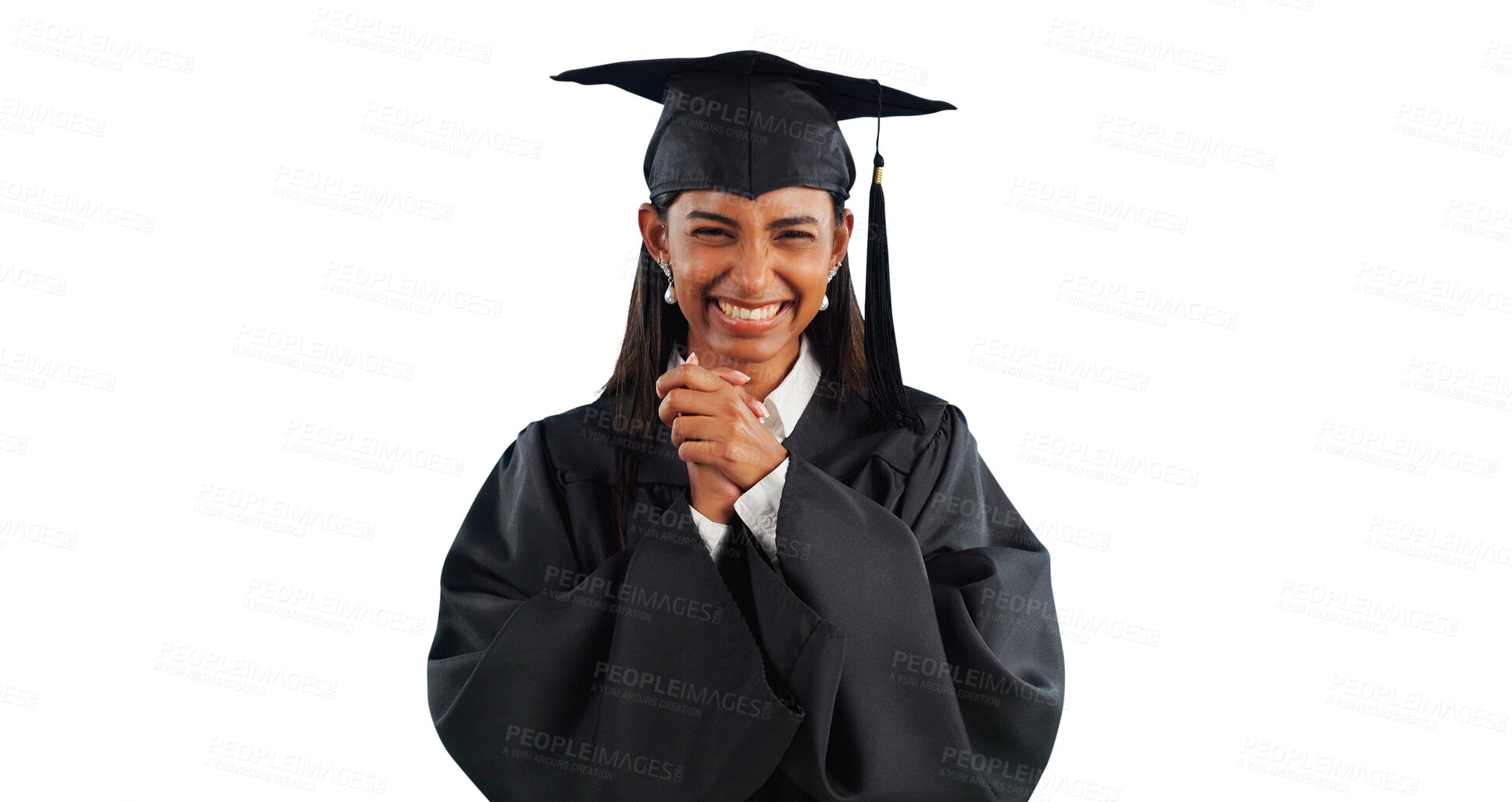Buy stock photo Woman, portrait and excited for graduation celebration for university degree for certificate, student or learning. Female person, face and isolated transparent png background, scholarship or smile
