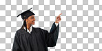 Graduate student, studio and happy woman point at school direction, university commercial or college knowledge development. Mockup space, graduation and higher education choice on blue background