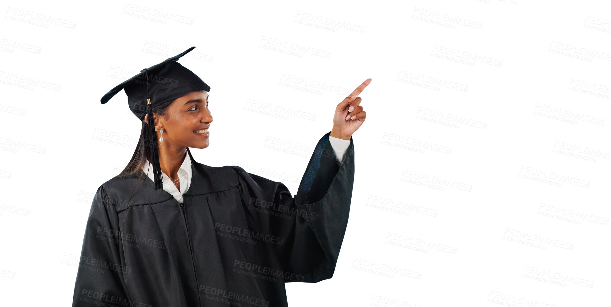 Buy stock photo Woman, graduate and pointing for education studying or recommendation for information, registration or choice. Female person, university and isolated transparent png background, college or school