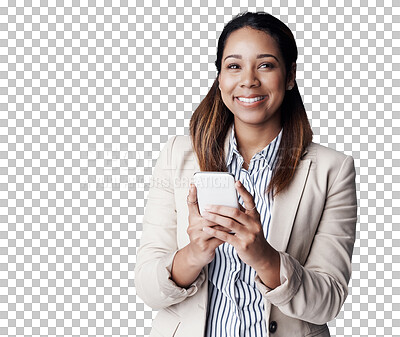 Buy stock photo Business woman, happy and cellphone for thinking of text and social media for online networking. IT consultant, positive and face with mobile app for email and isolated on transparent png background
