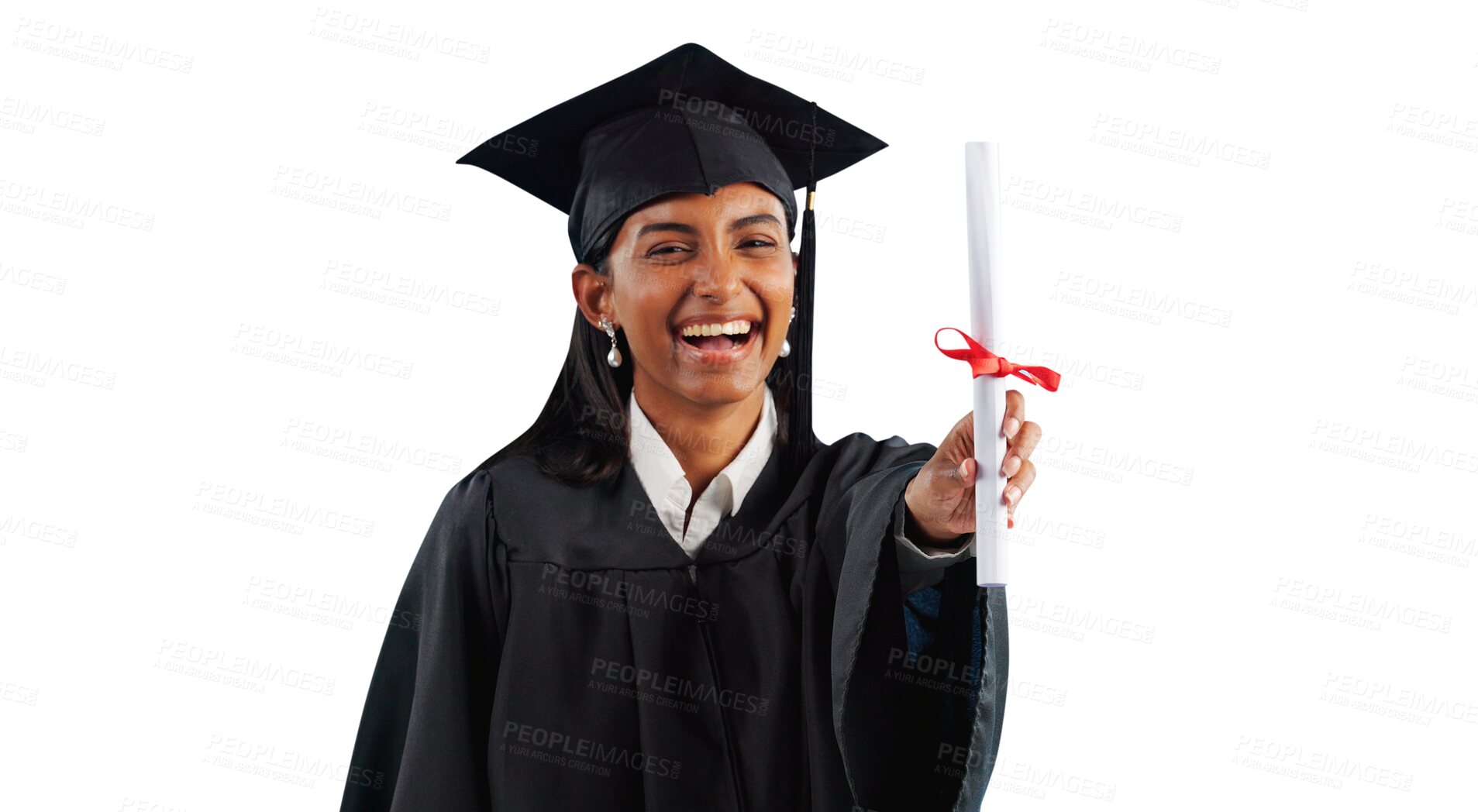 Buy stock photo Graduation success, certificate or portrait of student with education, college or university goal. Indian woman, happy or proud graduate excited by achievement isolated transparent png background
