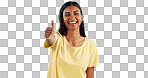 Woman, smile in portrait and thumbs up for agreement, success or support with hand gesture on blue background. Like, yes and emoji with happiness, vote or opinion in studio with thank you or praise