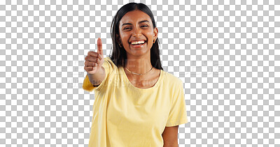 Buy stock photo Indian woman, smile in portrait and thumbs up for agreement, support with hand gesture on png transparent. background. Like, yes and emoji with happiness, vote or opinion with thank you or praise