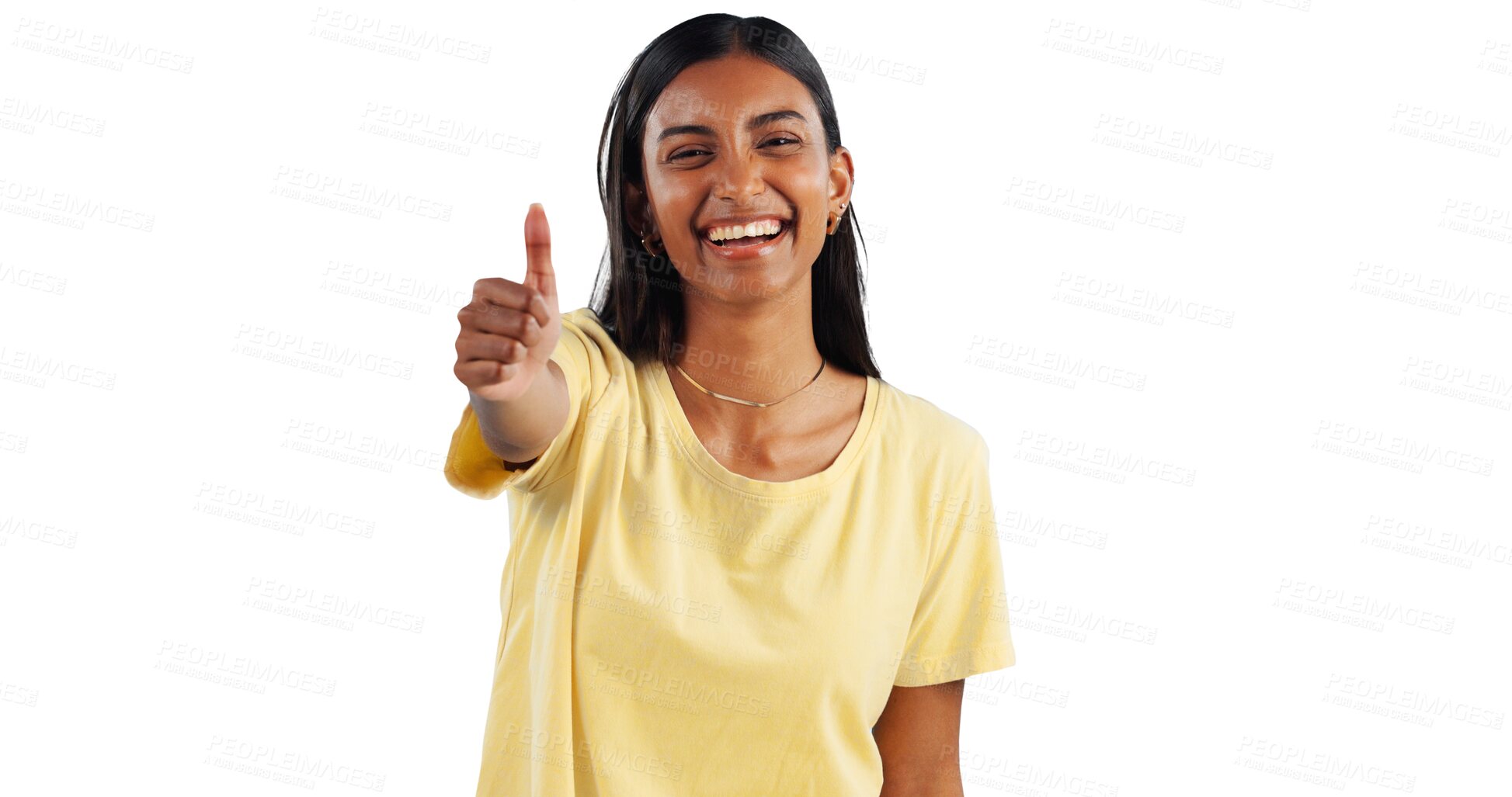 Buy stock photo Indian woman, smile in portrait and thumbs up for agreement, support with hand gesture on png transparent. background. Like, yes and emoji with happiness, vote or opinion with thank you or praise