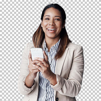 Buy stock photo Happy woman, portrait and phone for social media, communication or networking on a transparent PNG background. Female person or business employee with smile on mobile smartphone for online chatting