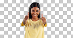 Woman, happy in portrait and thumbs up for agreement, success or support with hand gesture on blue background. Like, yes and emoji with feedback, vote or opinion in studio with thank you or praise
