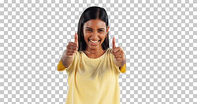 Buy stock photo Portrait, happy woman and thumbs up agreement, success or hand support sign on isolated, transparent or png background. Success, emoji and excited person with feedback, thank you or vote motivation