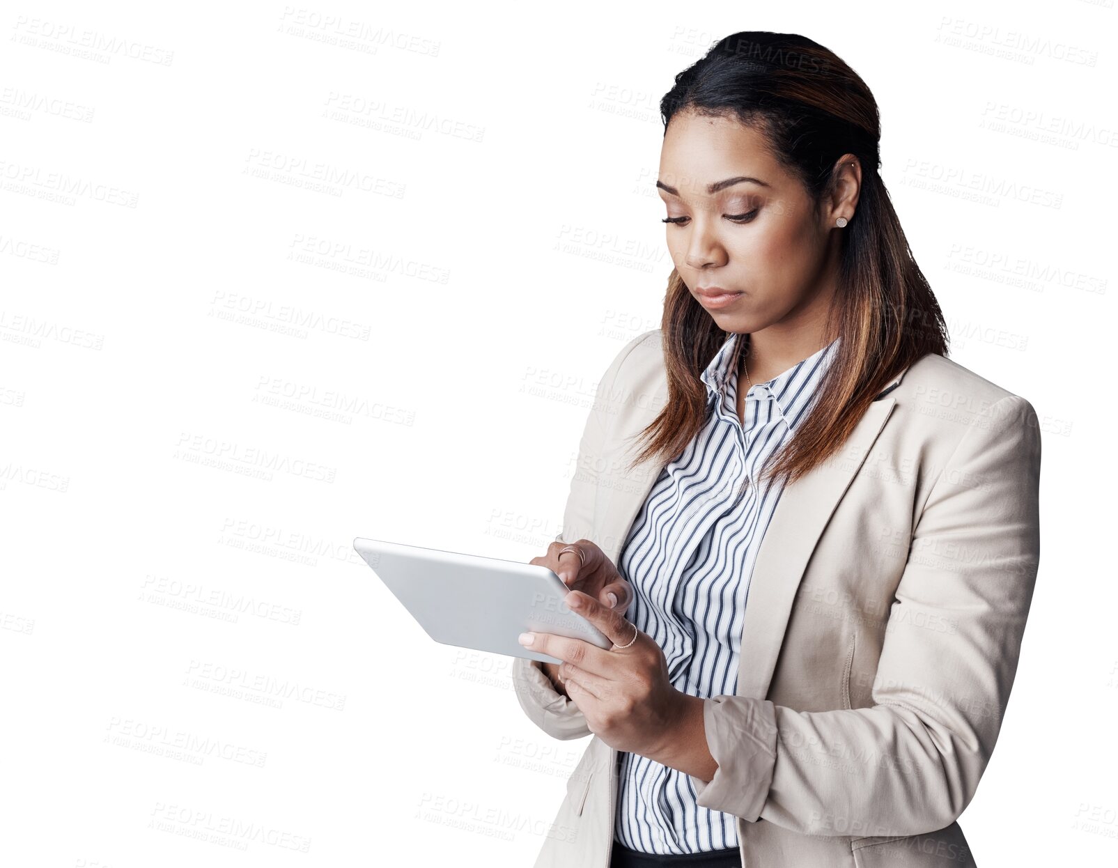 Buy stock photo Business woman, tablet and typing for research, communication or networking on a transparent PNG background. Young female person or employee reading on technology for online search, internet or web