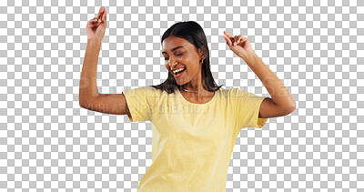 Buy stock photo Woman, dancing and happy with music for celebration party for achievement winner, confidence or entertainment. Female person, hands up and isolated transparent on png background, sound or playlist