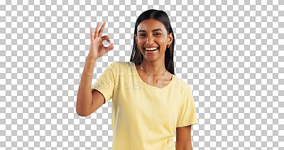 Buy stock photo Portrait, smile and ok hand gesture with indian girl isolated on transparent background for agreement. Emoji, feedback or perfect review with happy young person on PNG for support, praise or opinion