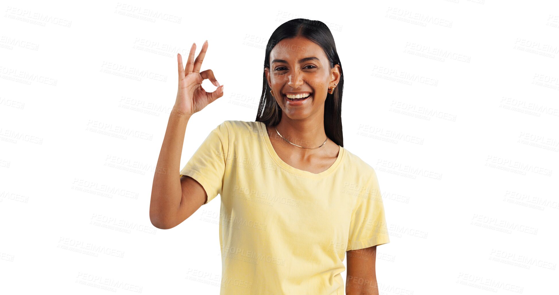 Buy stock photo Portrait, smile and ok hand gesture with indian girl isolated on transparent background for agreement. Emoji, feedback or perfect review with happy young person on PNG for support, praise or opinion