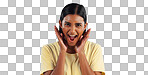 Wow, portrait and woman or excited for surprise, winner or announcement in studio with mock up space. Indian, face or person with surprised expression for discount, sale or success on blue background