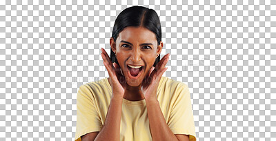 Buy stock photo Excited, woman and wtf in portrait, surprise and winner or isolated on transparent png background. Indian female person, happy and shock for omg announcement, promotion and discount or good news