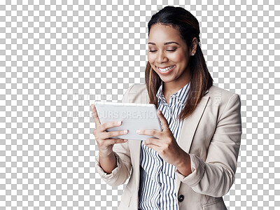 Buy stock photo Business woman, happy and tablet for email on promotion and social media for online networking. IT consultant, positive and smile on information technology and isolated on transparent png background