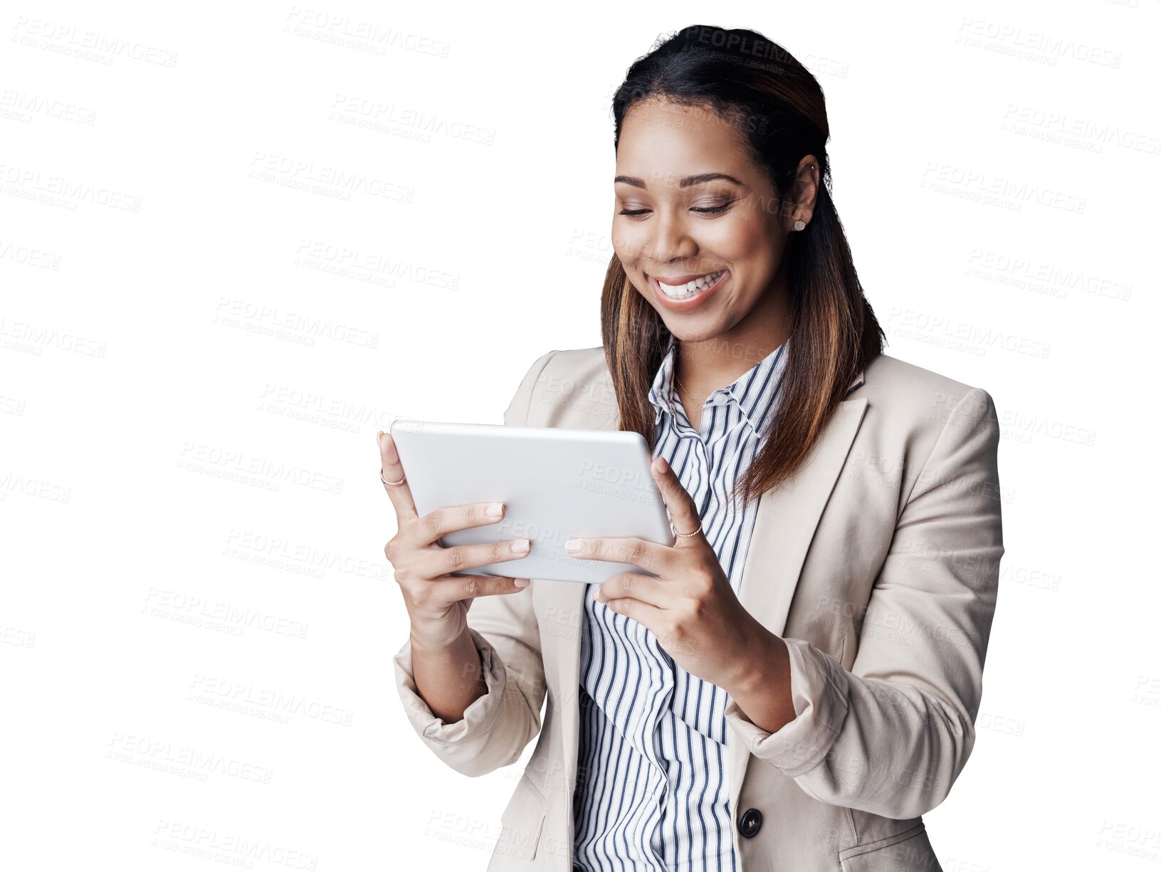 Buy stock photo Business woman, happy and tablet for email on promotion and social media for online networking. IT consultant, positive and smile on information technology and isolated on transparent png background