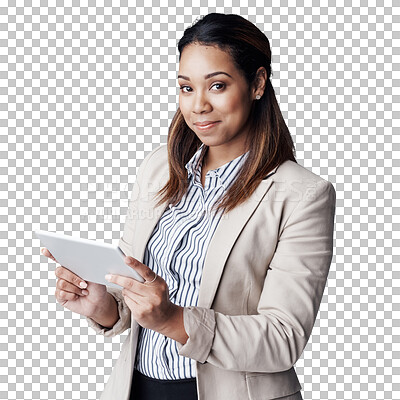 Buy stock photo Portrait, employee and business with woman, tablet and entrepreneur isolated on a transparent background. Face, person and PR consultant with tech and typing with png and connection with digital app