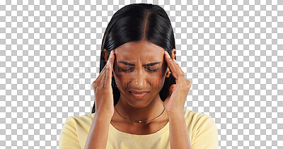 Buy stock photo Headache, stress and Indian woman with vertigo, pain or tension os isolated, transparent or png background. Brain fog, anxiety and female person frustrated with migraine, crisis or burnout disaster