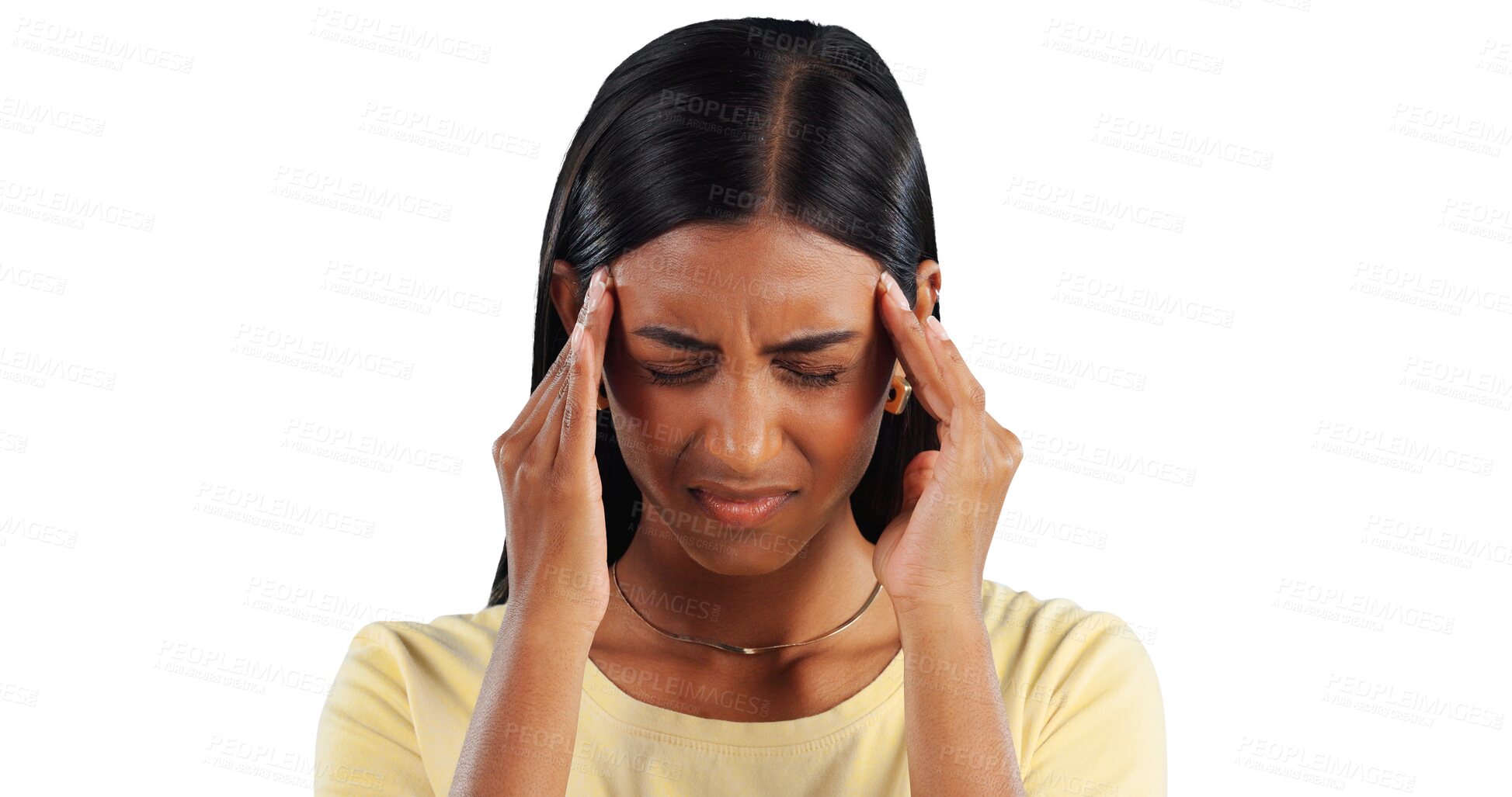 Buy stock photo Headache, stress and Indian woman with vertigo, pain or tension os isolated, transparent or png background. Brain fog, anxiety and female person frustrated with migraine, crisis or burnout disaster