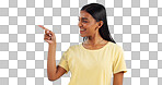 Woman, pointing and deal with marketing, information and direction for announcement in studio. Blue background, person and promotion with smile and sale with offer and show hand sign of student