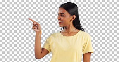 Buy stock photo Happy woman, discount or pointing to presentation, information and news for announcement. Transparent png background, isolated person or promotion with smile,  and sale with offer, guide or choice