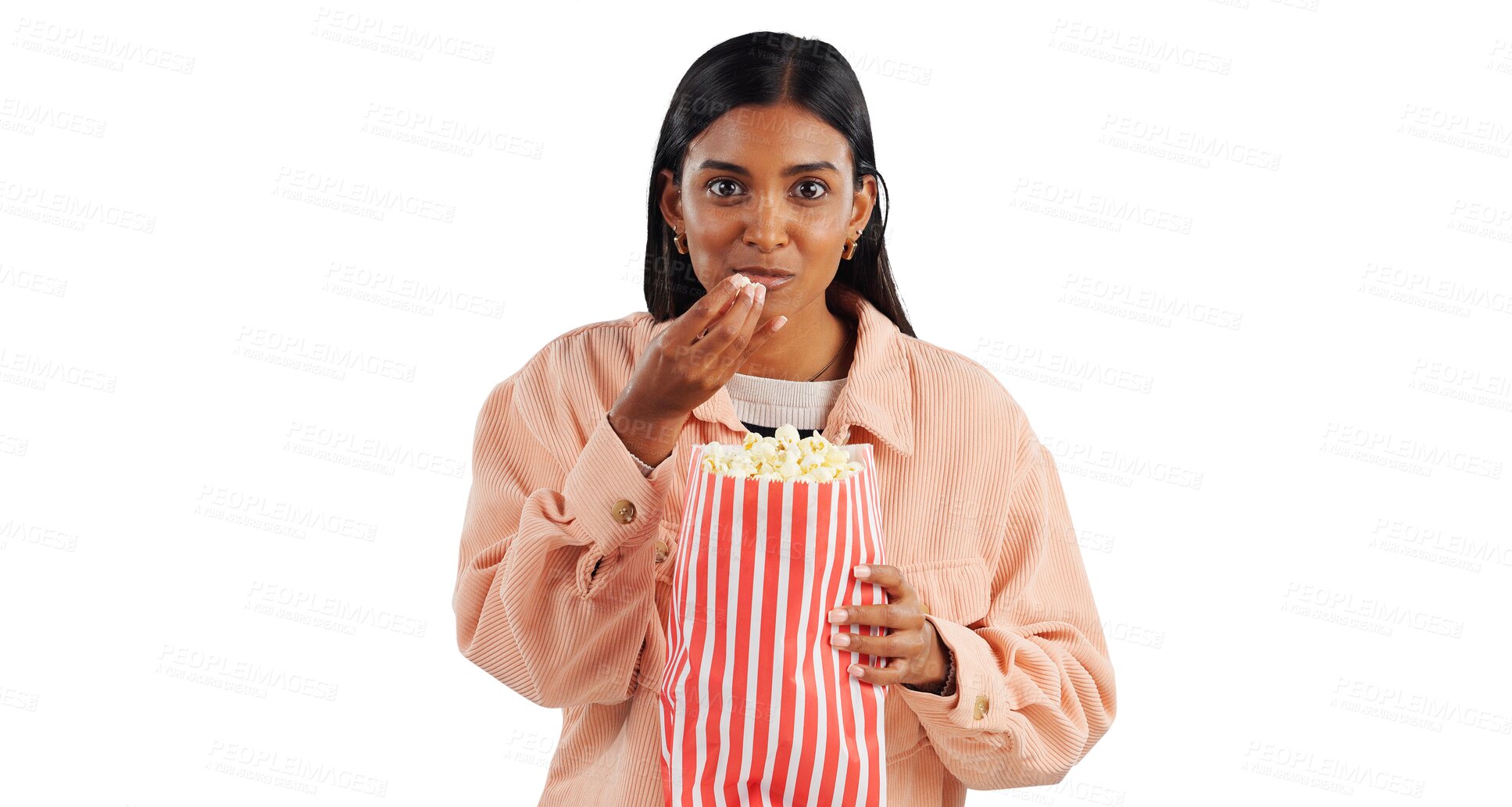 Buy stock photo Portrait, popcorn or Indian woman watching movie isolated for cinema with snack or meal to relax. Transparent, bucket or female person eating on png background for streaming film on tv subscription