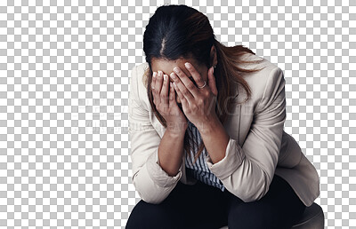 Buy stock photo Frustrated woman, mistake and stress with anxiety, depression or mental health on a transparent PNG background. Sad, upset or young female person or business employee in burnout, fatigue or pressure