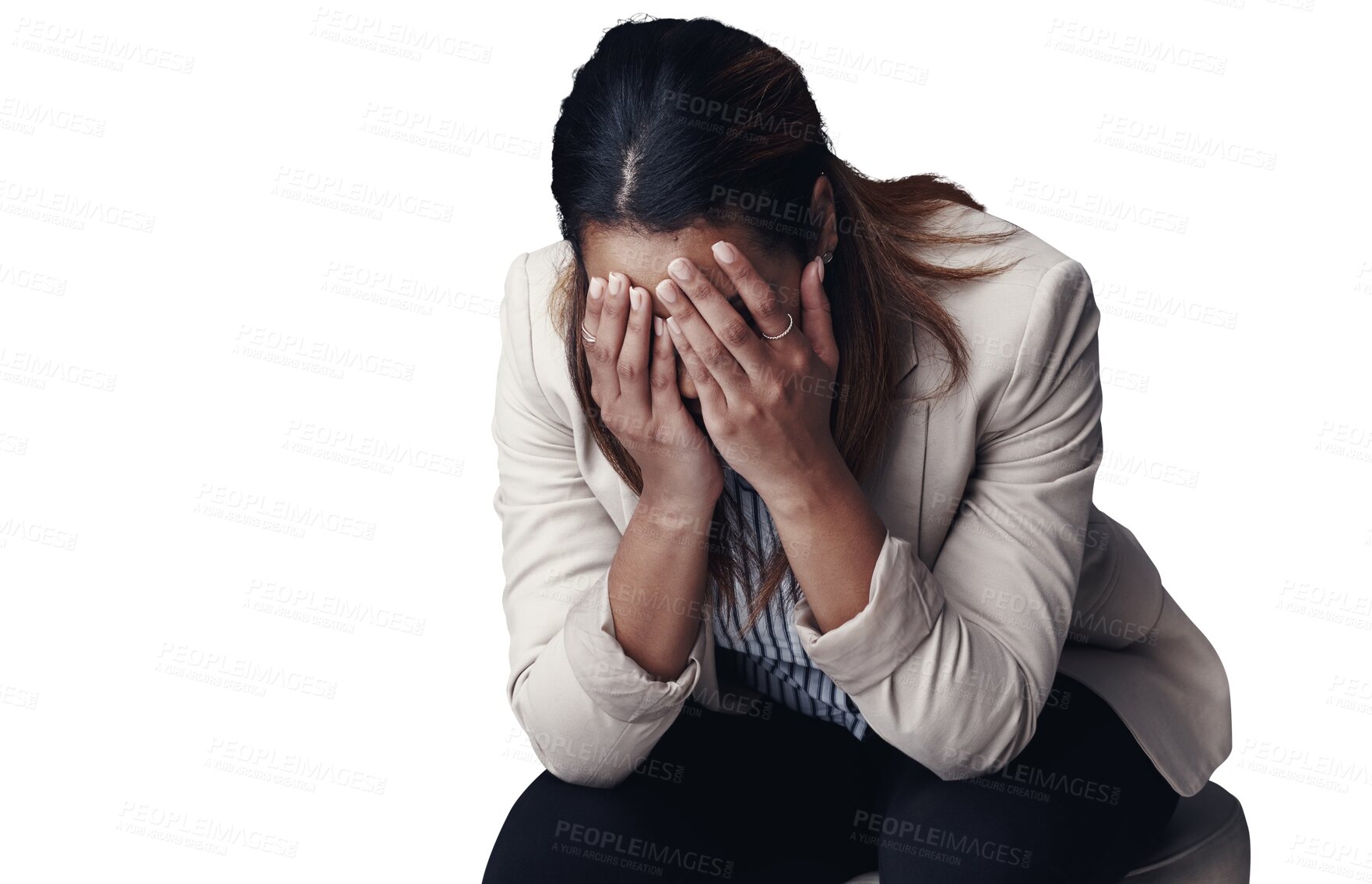 Buy stock photo Frustrated woman, mistake and stress with anxiety, depression or mental health on a transparent PNG background. Sad, upset or young female person or business employee in burnout, fatigue or pressure