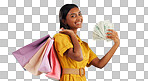 Woman, shopping bag and cash fan, wealth and commerce with customer in portrait on blue background. Money, financial freedom and retail, fashion and product choice, rich and store discount in studio