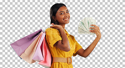 Buy stock photo Woman, shopping bag and cash fan with wealth for commerce and customer in portrait with happy face. Money, financial freedom and retail fashion with product and isolated on transparent png background