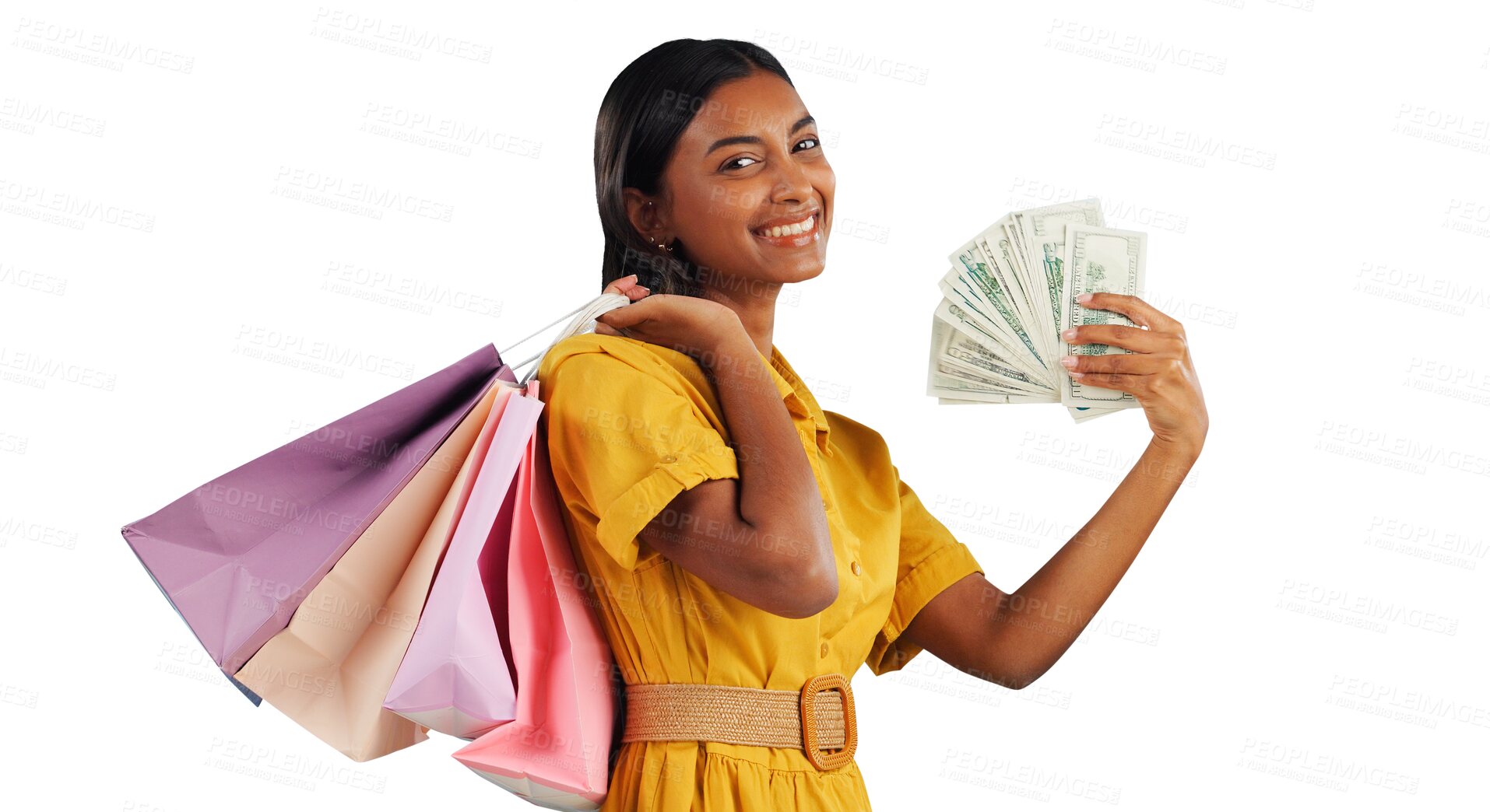 Buy stock photo Woman, shopping bag and cash fan with wealth for commerce and customer in portrait with happy face. Money, financial freedom and retail fashion with product and isolated on transparent png background