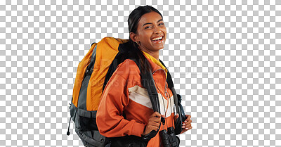 Buy stock photo Hiking, backpack and portrait of happy woman with travel adventure, explore or fun on isolated, transparent or png background. Journey, trekking or face of Indian person excited for camping in nature