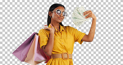 Buy stock photo Money fan, face or woman with shopping bag for retail, deal offer or sale on isolated, transparent or png background. Sunglasses, gift or customer with cash, bonus or store, mall or boutique cashback