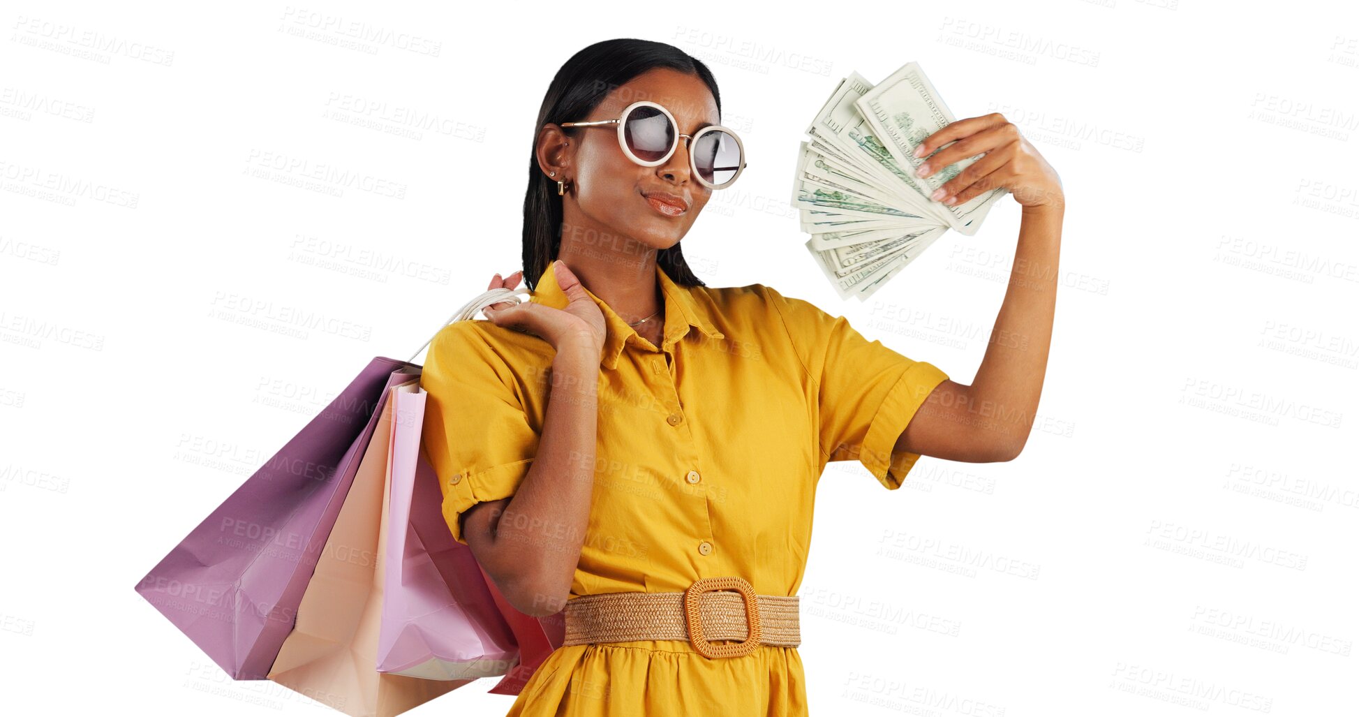 Buy stock photo Money fan, face or woman with shopping bag for retail, deal offer or sale on isolated, transparent or png background. Sunglasses, gift or customer with cash, bonus or store, mall or boutique cashback