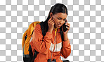 Hiking studio, phone call problem and woman stress over trekking, backpacking and holiday travel crisis. Camper, smartphone communication fail or person with bad network connection on blue background