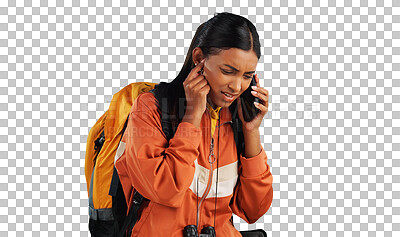 Buy stock photo Woman, hiking and phone call or problem conversation or camp directions or lost, trekking or mistake. Female person, cellphone signal and isolated transparent png background, reception or connection