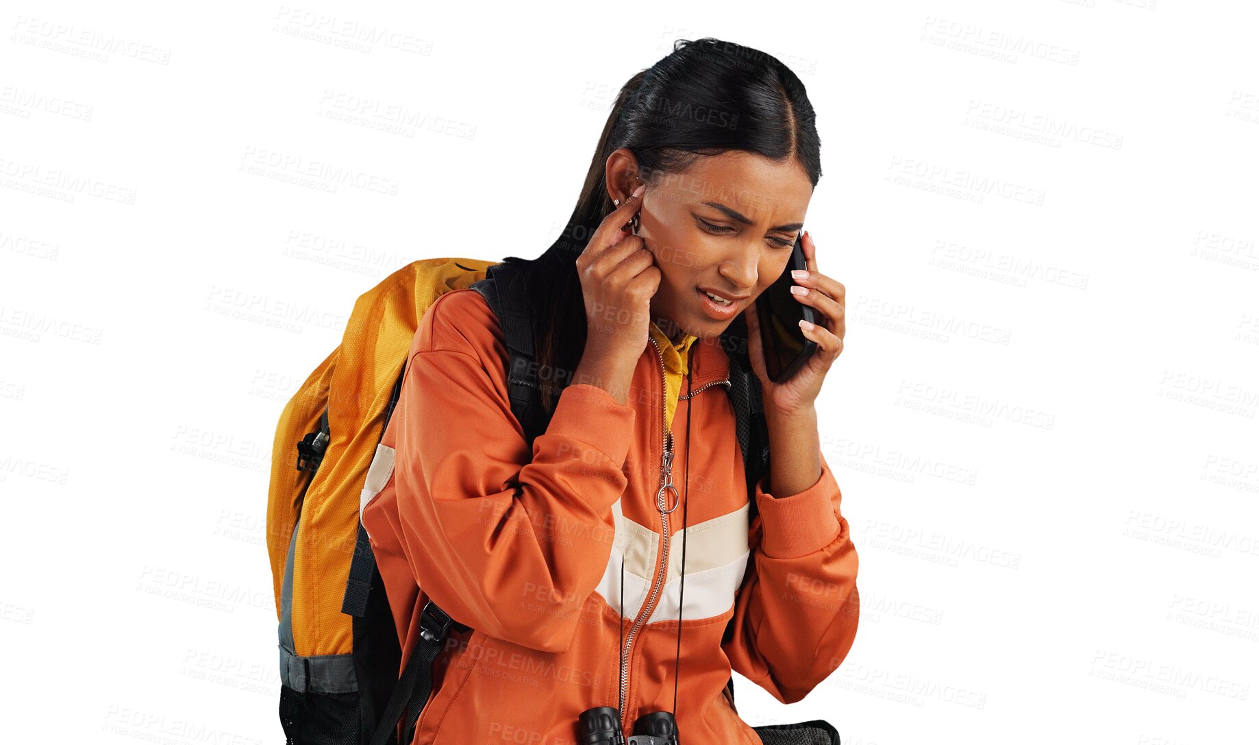 Buy stock photo Woman, hiking and phone call or problem conversation or camp directions or lost, trekking or mistake. Female person, cellphone signal and isolated transparent png background, reception or connection