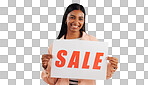Woman, sale poster and portrait with retail, discount and billboard in studio. Excited, smile and happy from savings and deal paper with banner and promo with blue background and price decrease