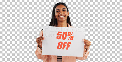 Buy stock photo Happy, portrait and woman with discount sign for promotion, retail and advertising with card on png transparent background. Indian salesperson, laughing with banner or poster for store sale and joy