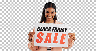 Buy stock photo Happy woman, portrait and sale sign for black Friday, promotion in retail and advertising on png transparent background. Indian salesperson, smile with banner or poster for store discount and joy