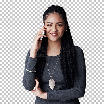 Buy stock photo Woman, phone call and portrait for communication at startup, smile for deal with consultant on png transparent background. Contact, networking and b2b at consultancy agency with chat for negotiation