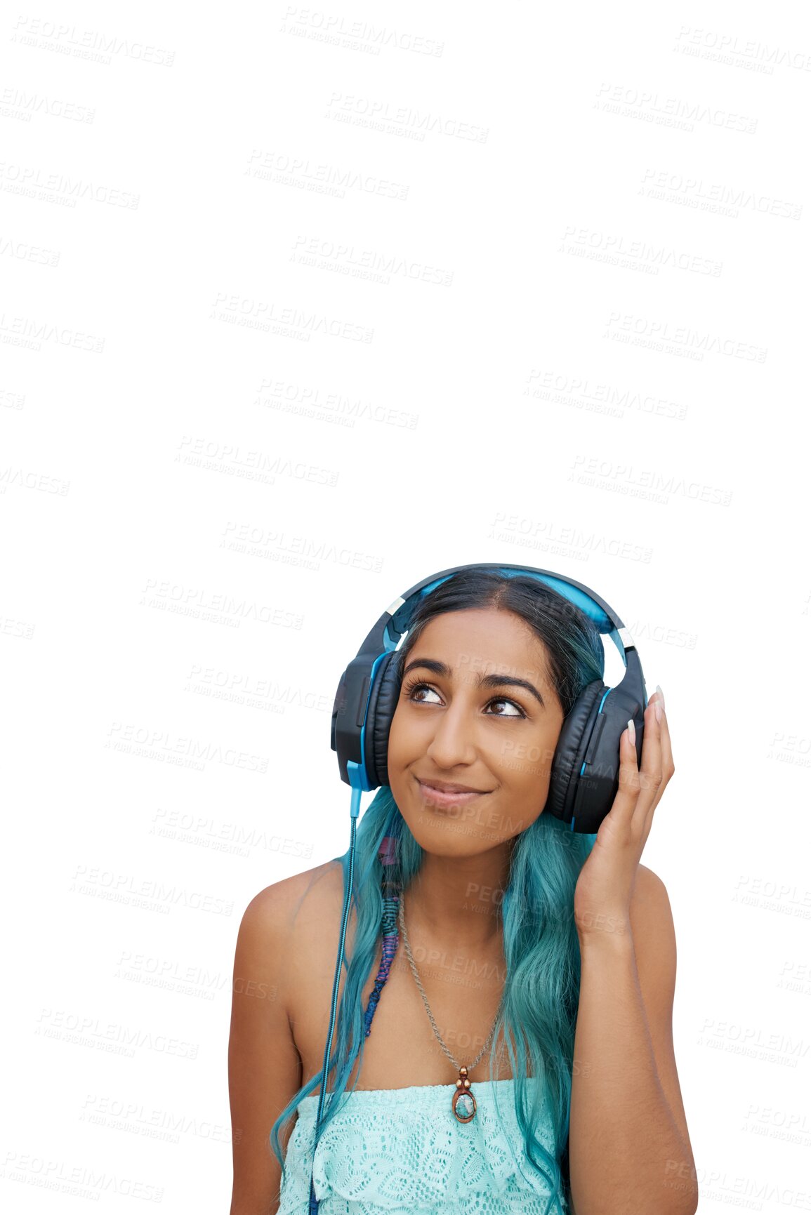Buy stock photo Music, calm woman and relaxing with headphones, radio and audio or isolated on transparent png background. Hair, smile and sound to relax, female person and streaming a playlist and hearing a song